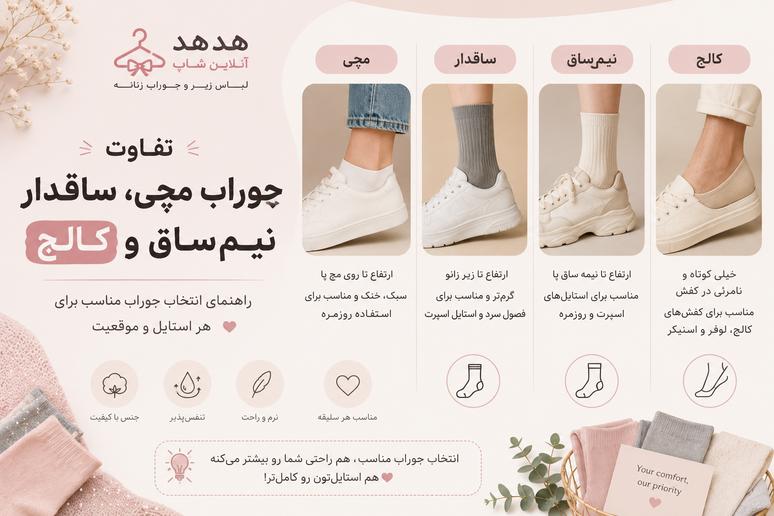 تفاوت جوراب مچی، ساقدار، نیم‌ساق و کالج